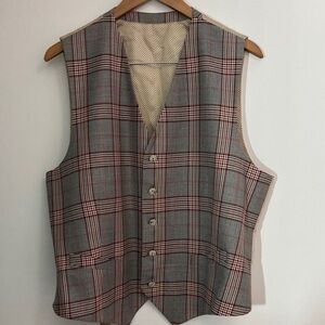 Marzotto Check Italian Wool Suit Waistcoat red cream black gray 54